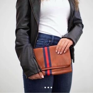 Preppy Brown Leather Clutch with grosgrain ribbon Stripes nwt